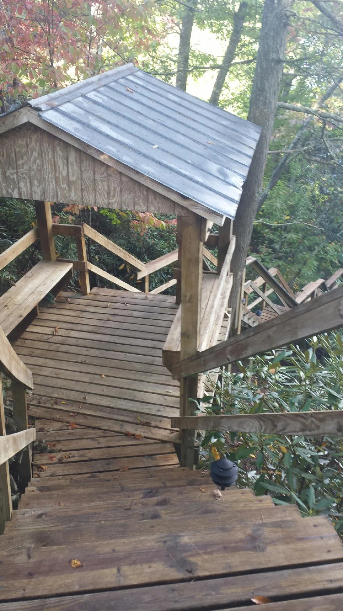 Metal roofed shelter over wooden steps on a wooded walkway — Skylight Repair & Installation work by our crew in Peninsula